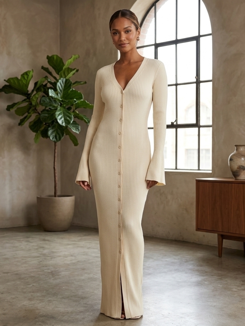 a new day Cream Ribbed Button-Front V-Neck Maxi Dress
